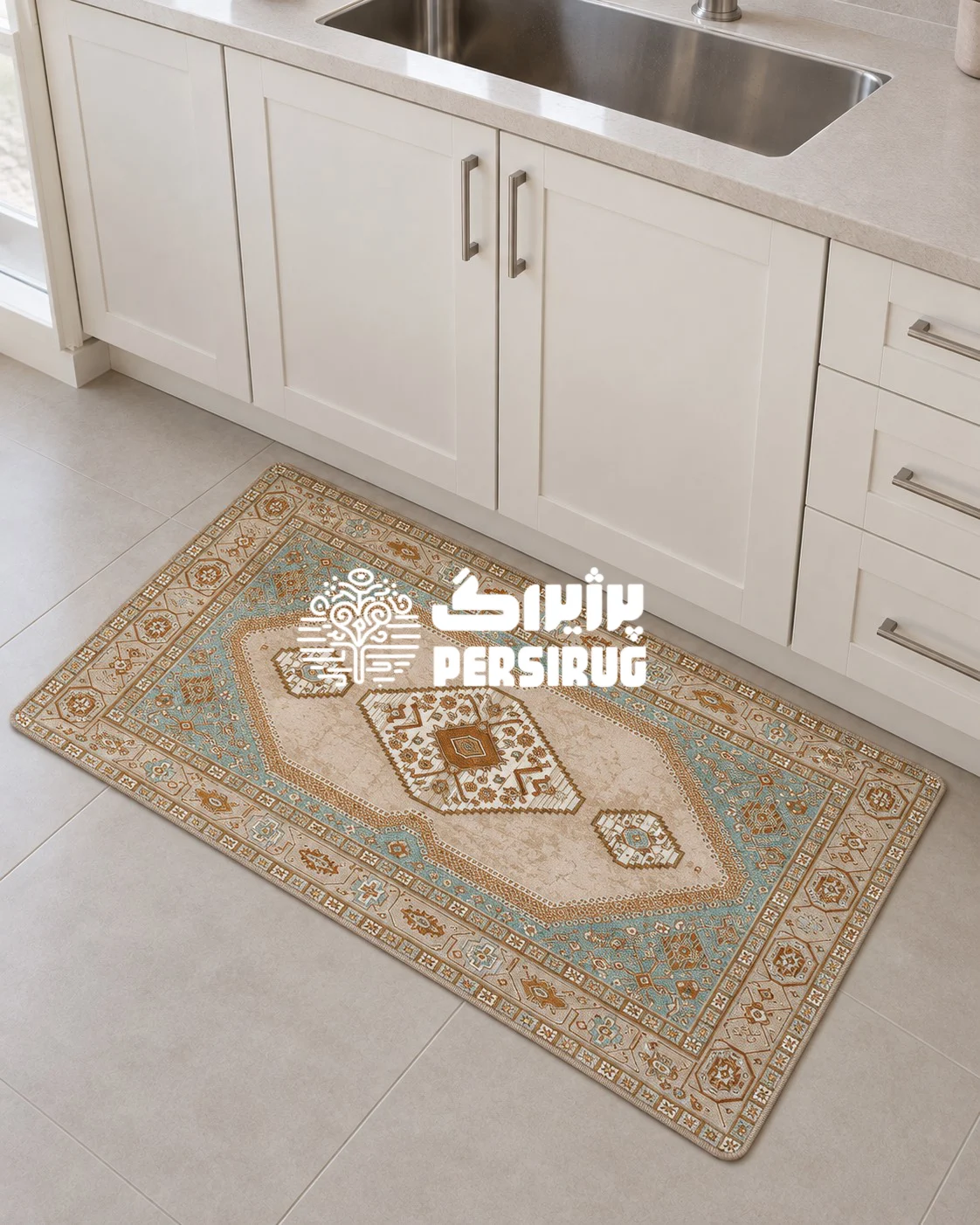 پادری زیره چرم نگین شب با لچک ترنج هندسی، کتیبه های سنتی حاشیه و پالت رنگی کرم، فیروزه ای مات و مسی