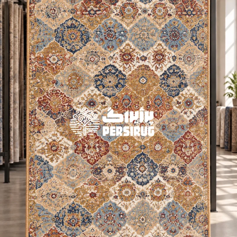 فرشینه زیره چرم طرح کاشی با نقوش هندسی متقارن و الهام‌گرفته از کاشی‌کاری‌های سنتی در ترکیب رنگی گرم خردلی، آجری و آبی لاجوردی