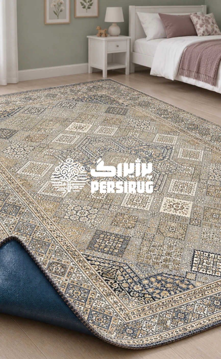 فرشینه زیره چرم طرح دیبا با نقشمایه مرکزی هندسی متقارن و پالت رنگی شیک آبی نیلی، طوسی و رگههای طلایی.