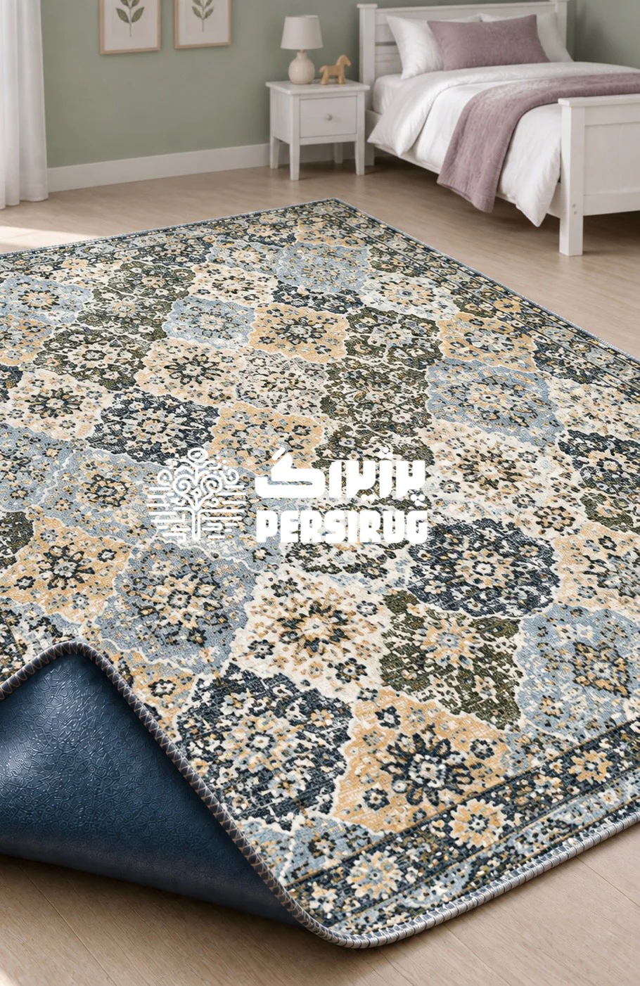 فرشینه زیره چرمی طرح گلستان با نقوش متراکم هندسی و گلوبوتههای سنتی در ترکیب رنگی خیرهکننده سرمهای، سبز یشمی و خردلی