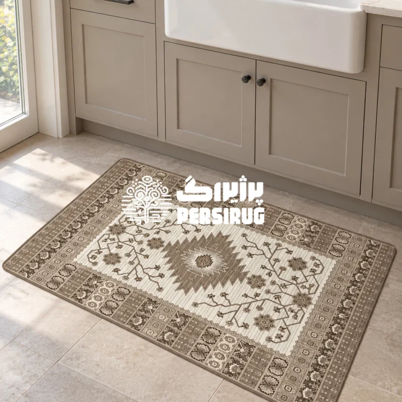 پادری زیره چرم رستا با طرح هندسی عشایری و نقوش سنتی در رنگهای قهوهای و کرم روشن