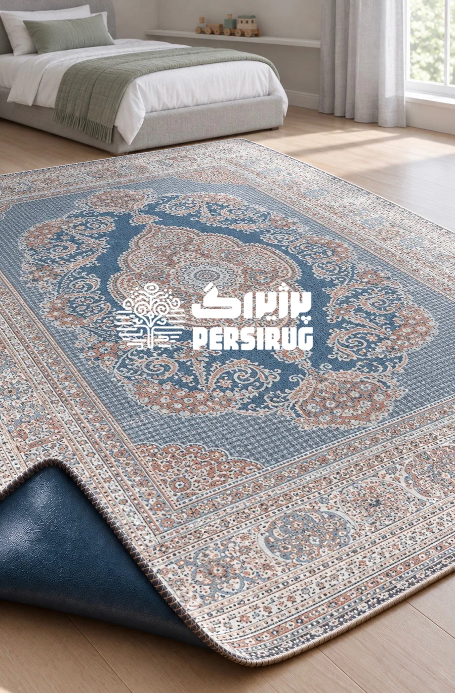 فرشینه زیره چرم طرح گلابتون با ترنج مرکزی و نقوش اسلیمی آبی و بژ