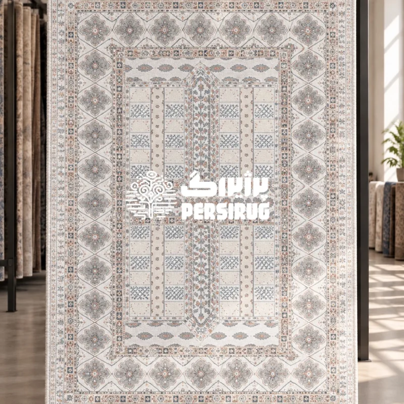 فرشینه زیره چرم سنتی و هندسی طرح چهارباغ با زمینه کرم و قابهای متقارن