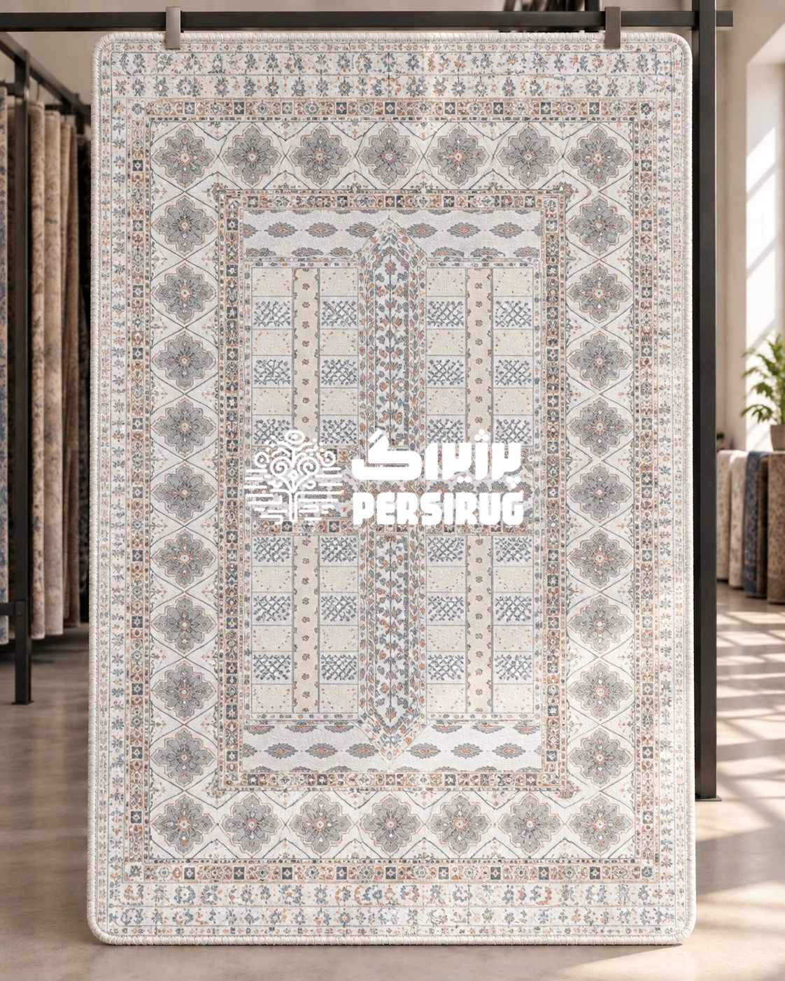 فرشینه زیره چرم سنتی و هندسی طرح چهارباغ با زمینه کرم و قابهای متقارن