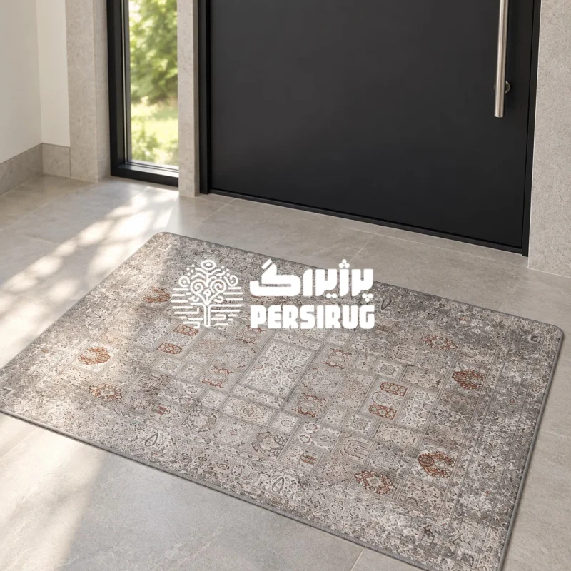 پادری زیره چرم خشت و گل با طرح پنلهای خشتی و قابهای منقوش سنتی، تناژ رنگی طوسی و آجری، و حاشیههای اصیل کلاسیک