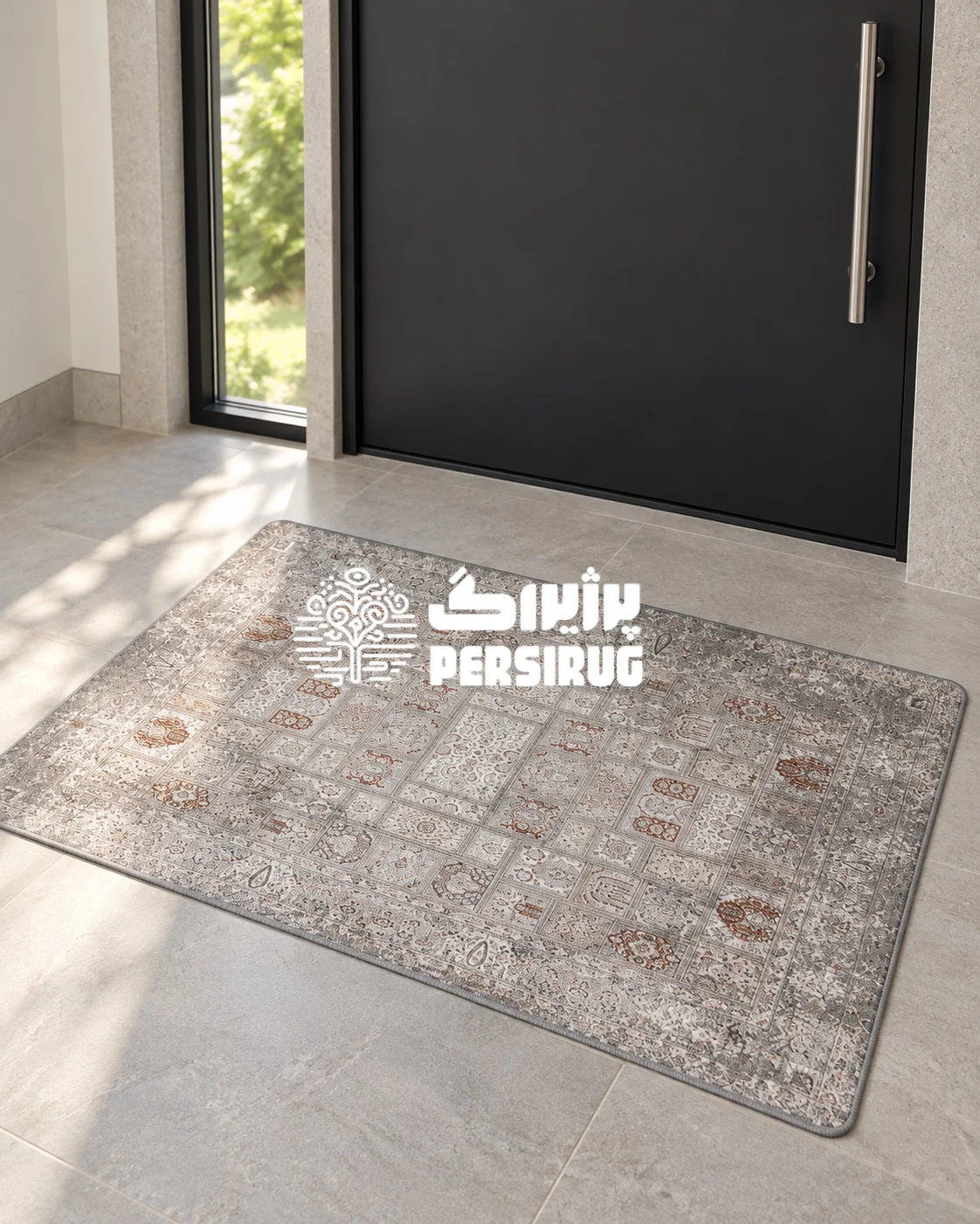پادری زیره چرم خشت و گل با طرح پنلهای خشتی و قابهای منقوش سنتی، تناژ رنگی طوسی و آجری، و حاشیههای اصیل کلاسیک