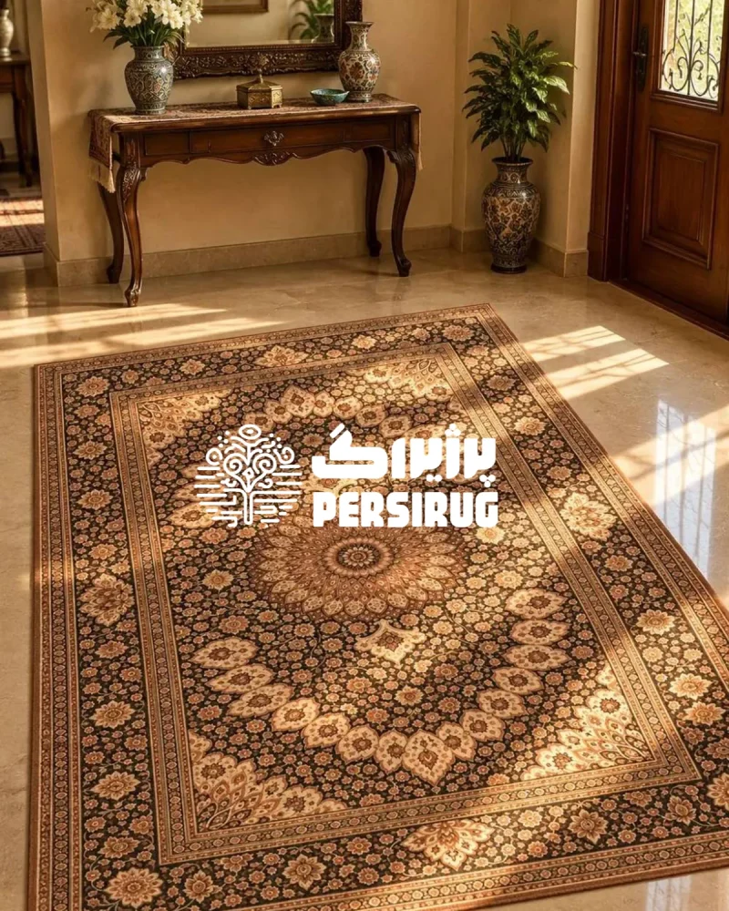 فرشینه ترنج شاهانه با نقش ترنج بزرگ گلدار در مرکز، گلهای ریز و درشت کرم و مسی روی زمینه قهوهای تیره و حاشیههای سنتی چندلایه.