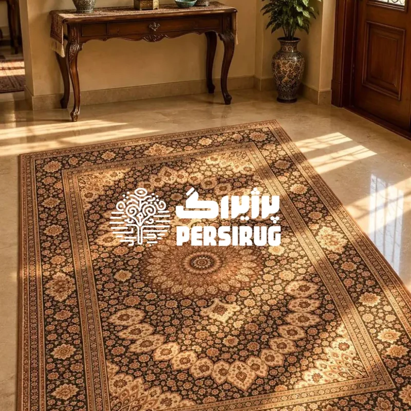 فرشینه ترنج شاهانه با نقش ترنج بزرگ گلدار در مرکز، گلهای ریز و درشت کرم و مسی روی زمینه قهوهای تیره و حاشیههای سنتی چندلایه.