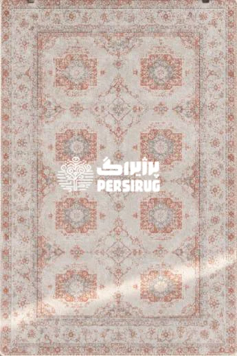 فرشینه مهگل با ترکیب رنگی گرمِ کالباسی و طوسی که بر روی زمینهای روشن جلوهای کلاسیک و در عین حال امروزی دارد