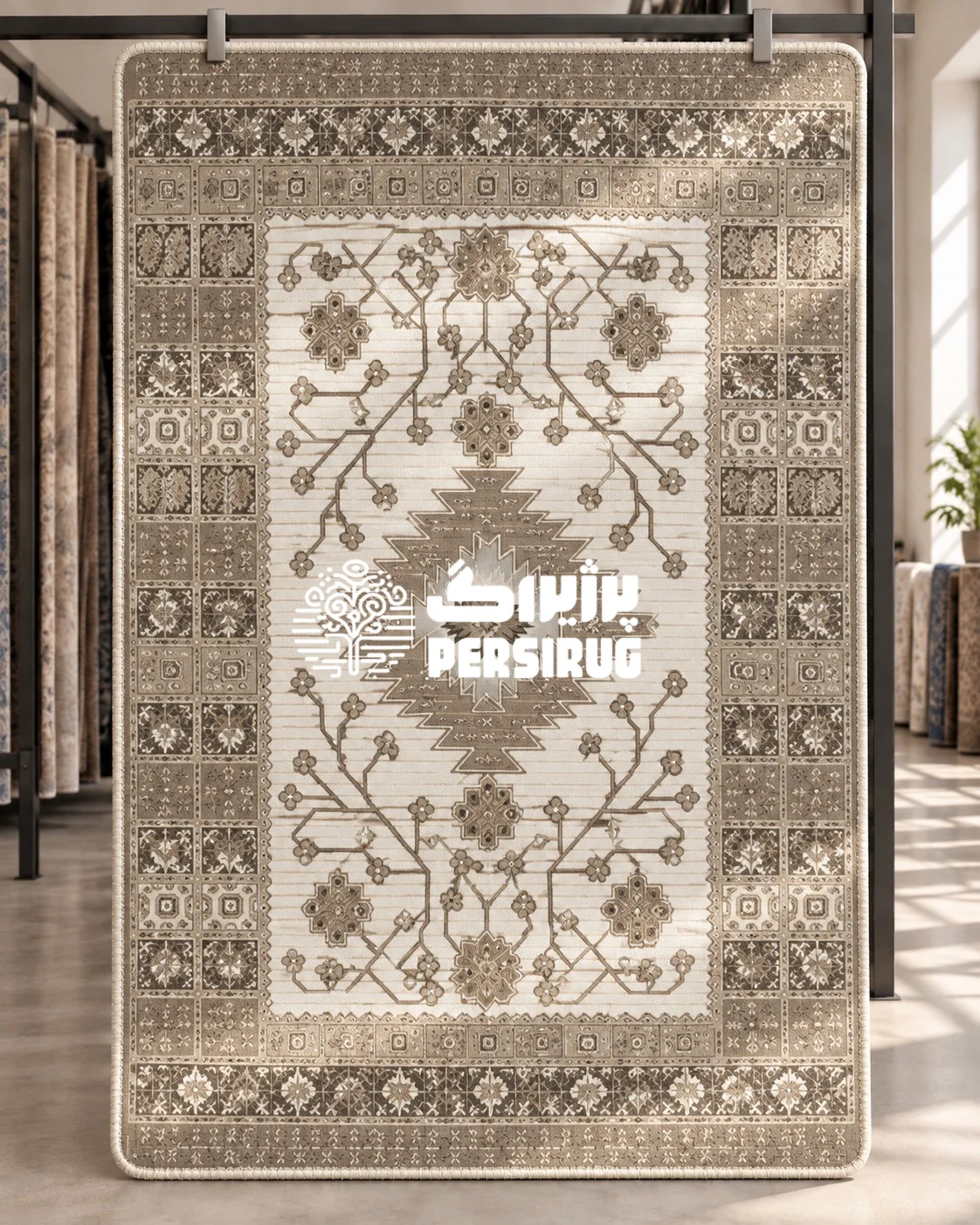 فرشینه زیره چرم رستا با طرح هندسی عشایری و نقوش سنتی در رنگهای قهوهای و کرم روشن