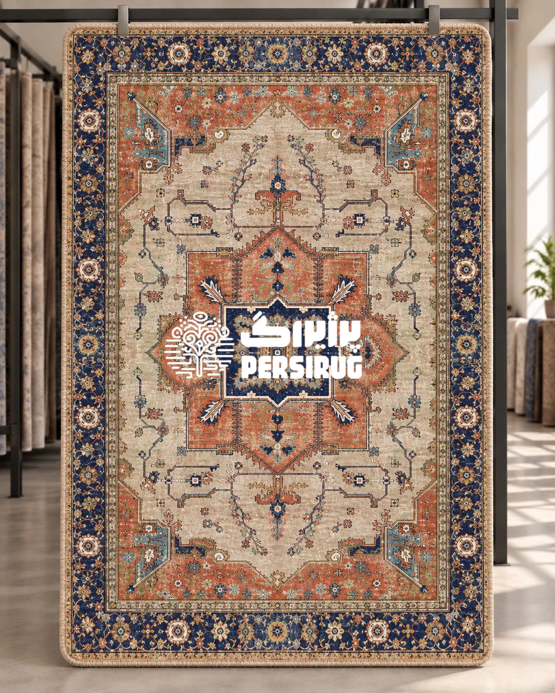 فرشینه زیره چرم نائین با طرح سنتی لچک و ترنج در رنگهای سورمهای، آجری و کرم روشن.
