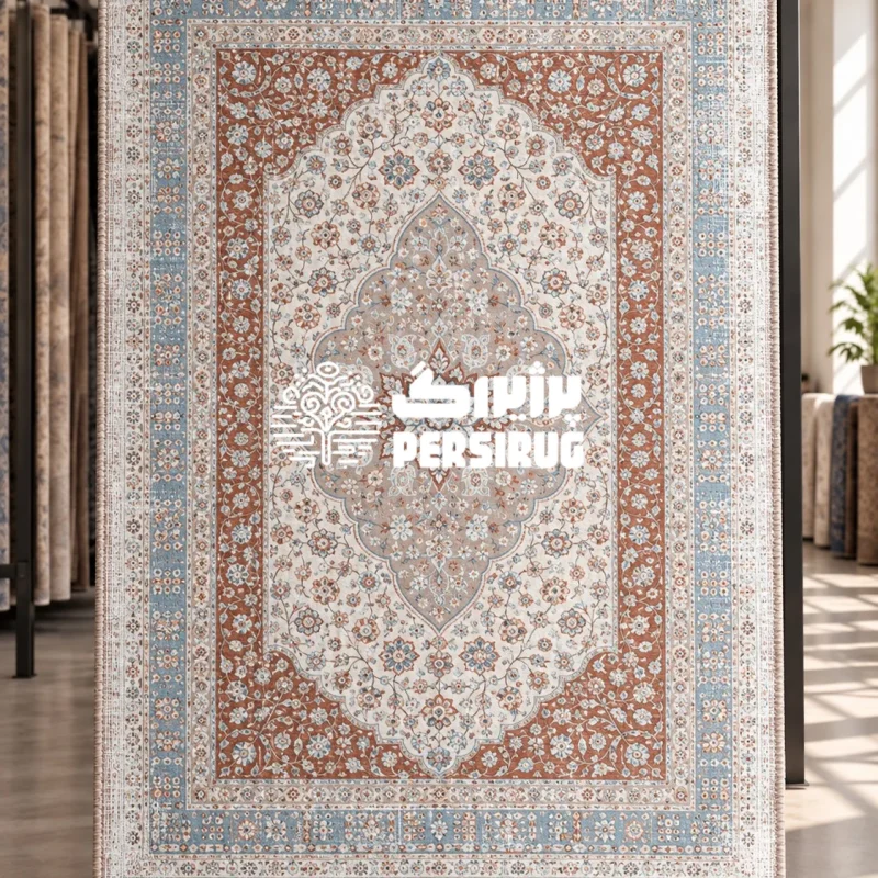 فرشینه زیره چرم سنتی طرح مهرگان با زمینه آجری و ترنج مرکزی اسلیمی