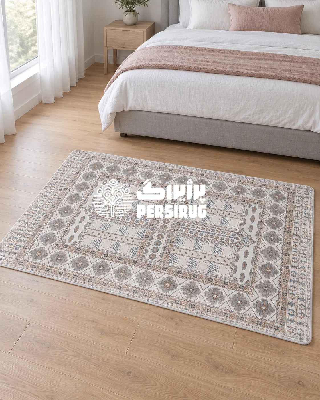 فرشینه زیره چرم سنتی و هندسی طرح چهارباغ با زمینه کرم و قابهای متقارن