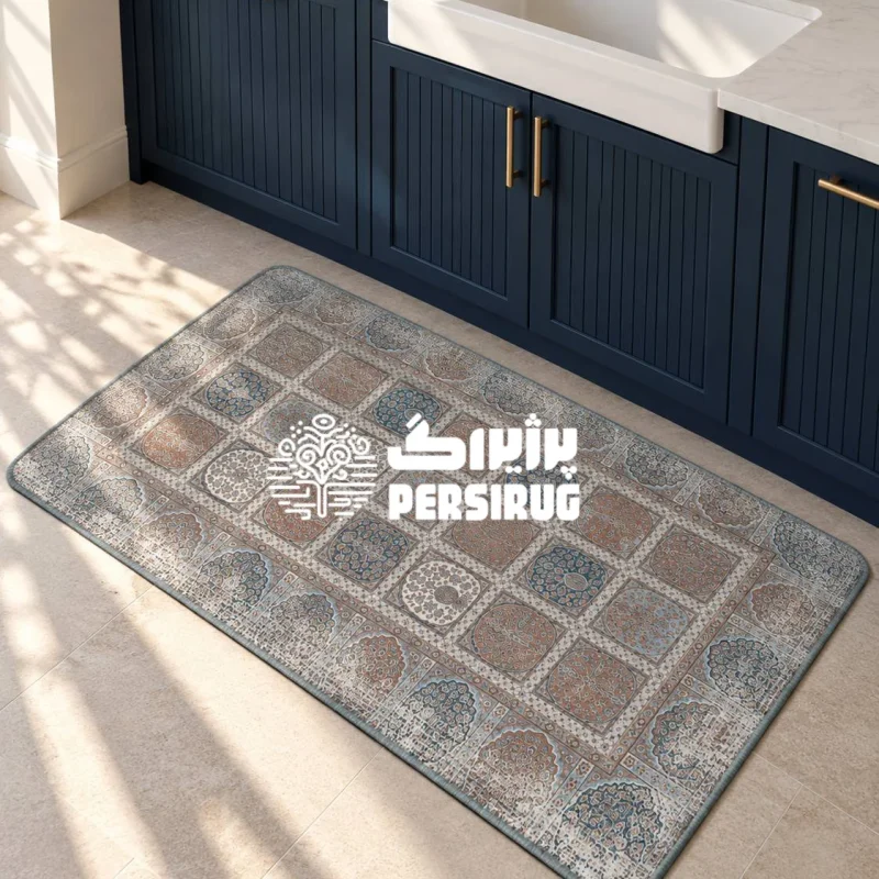 پادری زیره چرم طرح کاشینما با قاببندی خشتی و نقوش سنتی آبی و قهوهای