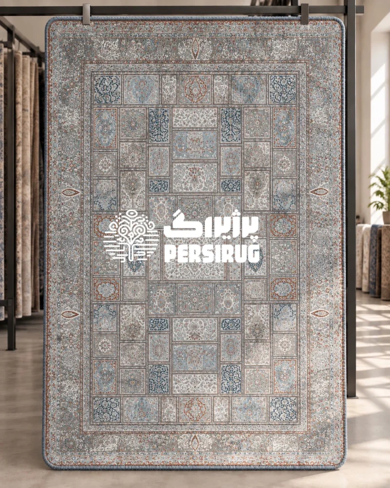 فرشینه زیره چرم مدل آجرماه با چیدمان خشتی و قابهای منظم، ترکیب رنگی آبی ملایم و آجری، و طرحهای پتینهشده سنتی