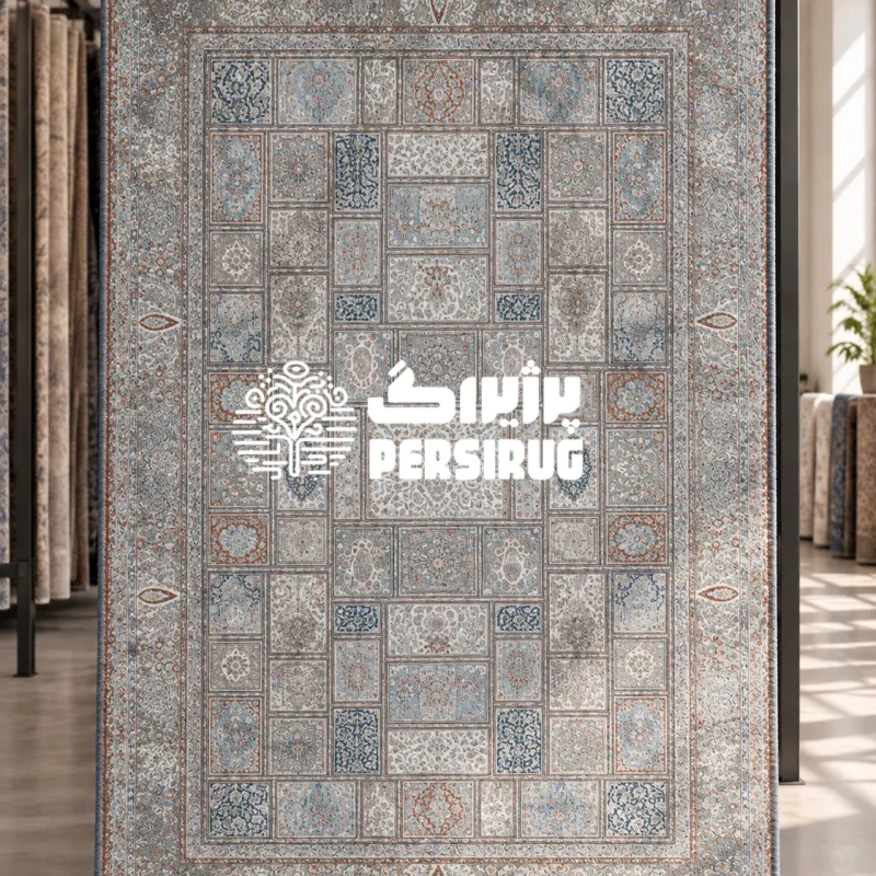 فرشینه زیره چرم مدل آجرماه با چیدمان خشتی و قابهای منظم، ترکیب رنگی آبی ملایم و آجری، و طرحهای پتینهشده سنتی