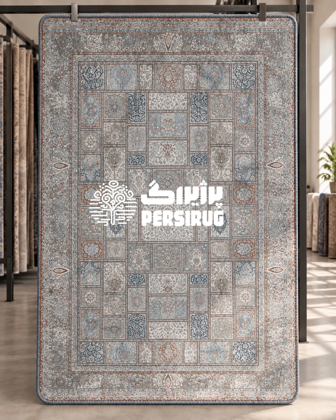 فرشینه زیره چرم مدل آجرماه با چیدمان خشتی و قابهای منظم، ترکیب رنگی آبی ملایم و آجری، و طرحهای پتینهشده سنتی