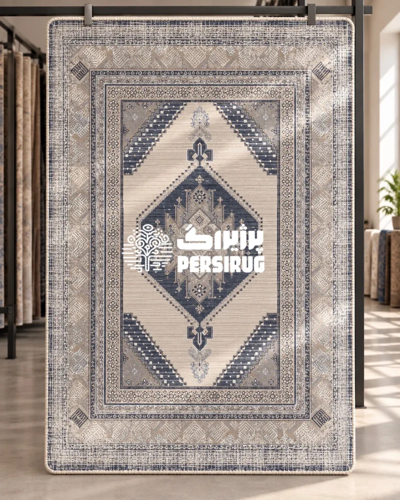 فرشینه زیره چرم مدل آیلین با ترنج لوزی هندسی در مرکز، طیف رنگی سرمهای و کرم، و حاشیههای اصیل طرح عشایری و گبه