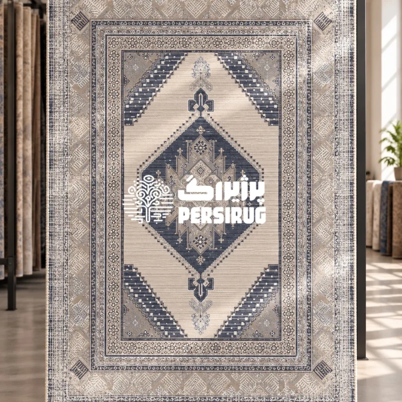 فرشینه زیره چرم مدل آیلین با ترنج لوزی هندسی در مرکز، طیف رنگی سرمه‌ای و کرم، و حاشیه‌های اصیل طرح عشایری و گبه