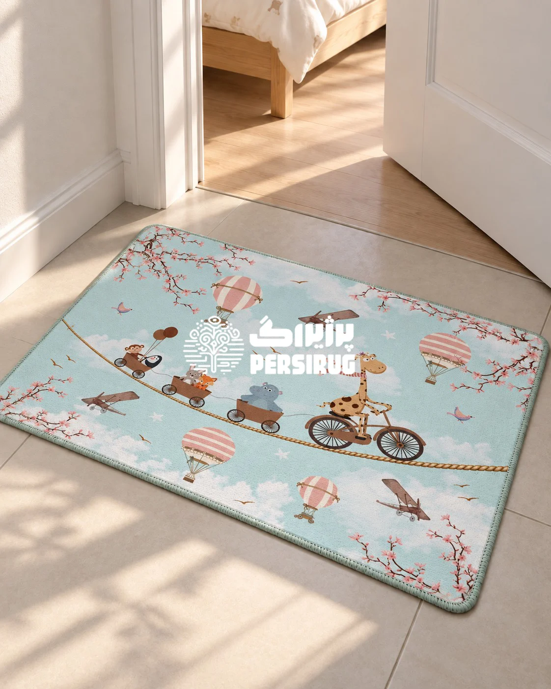 پادری زیره چرم کاروان حیوانات در آسمان با این فرشینه فضای اتاق را شاد و دوستداشتنی کنید؛ طرحی خیالانگیز با رنگهای لطیف، مناسب اتاق کودک