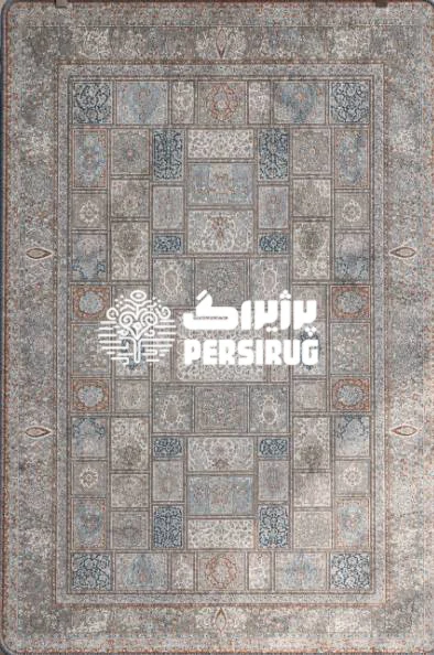 فرشینه مدل آجرماه با چیدمان خشتی و قابهای منظم، ترکیب رنگی آبی ملایم و آجری، و طرحهای پتینهشده سنتی