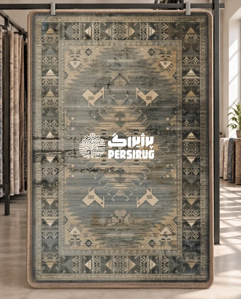 پادری زیره چرم ایلنشان با طرح هندسی عشایری و حاشیه سنتی مناسب دکوراسیون منزل در فرش ریحان