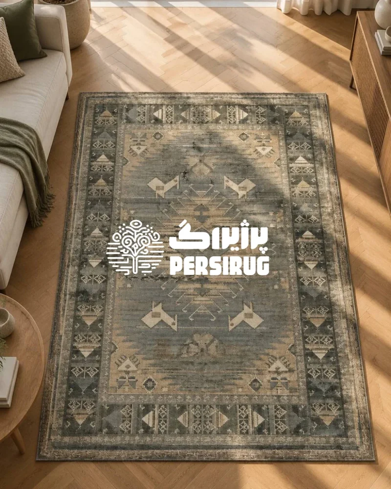 فرشینه ایلنشان با طرح هندسی عشایری و حاشیه سنتی مناسب دکوراسیون منزل در فرش ریحان