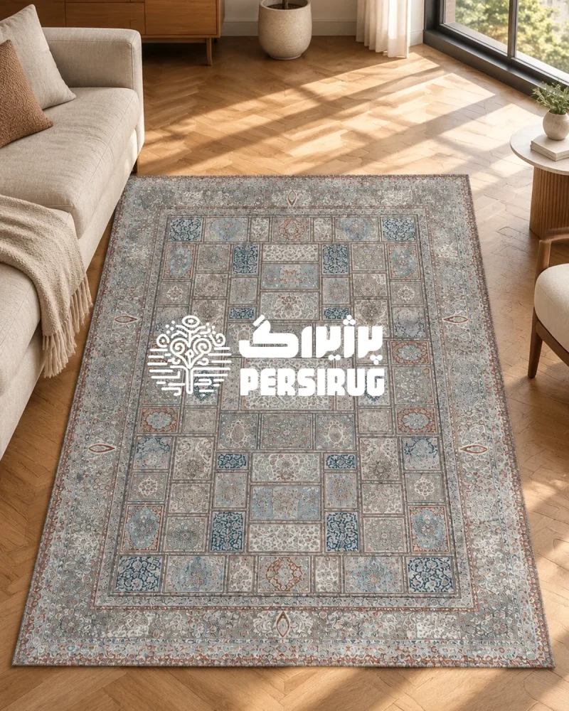 فرشینه مدل آجرماه با چیدمان خشتی و قابهای منظم، ترکیب رنگی آبی ملایم و آجری، و طرحهای پتینهشده سنتی