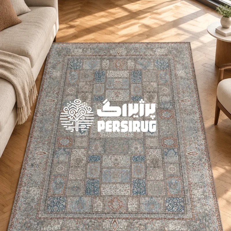 فرشینه مدل آجرماه با چیدمان خشتی و قابهای منظم، ترکیب رنگی آبی ملایم و آجری، و طرحهای پتینهشده سنتی