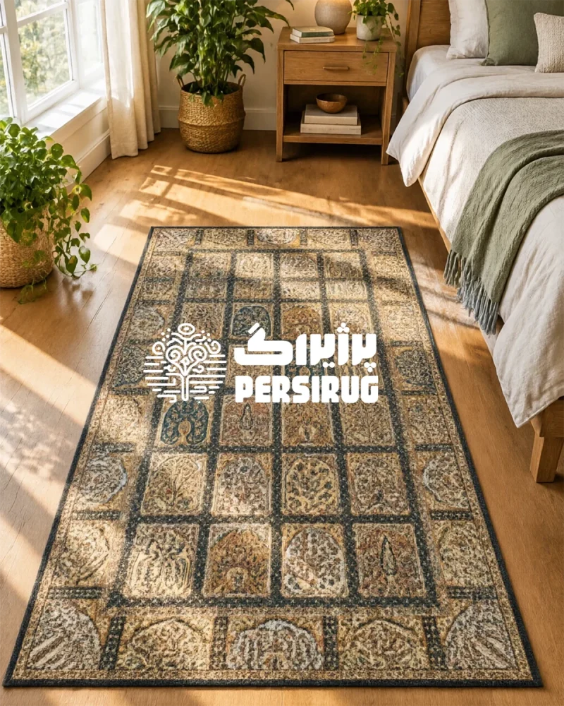 فرشینه طرح چهارفصل و نقوش گل و بوته اسلیمی در رنگهای گرم کرم و قهوهای.