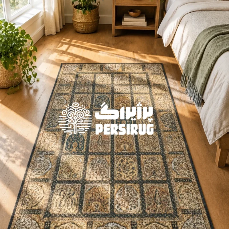 فرشینه طرح چهارفصل و نقوش گل و بوته اسلیمی در رنگ‌های گرم کرم و قهوه‌ای.