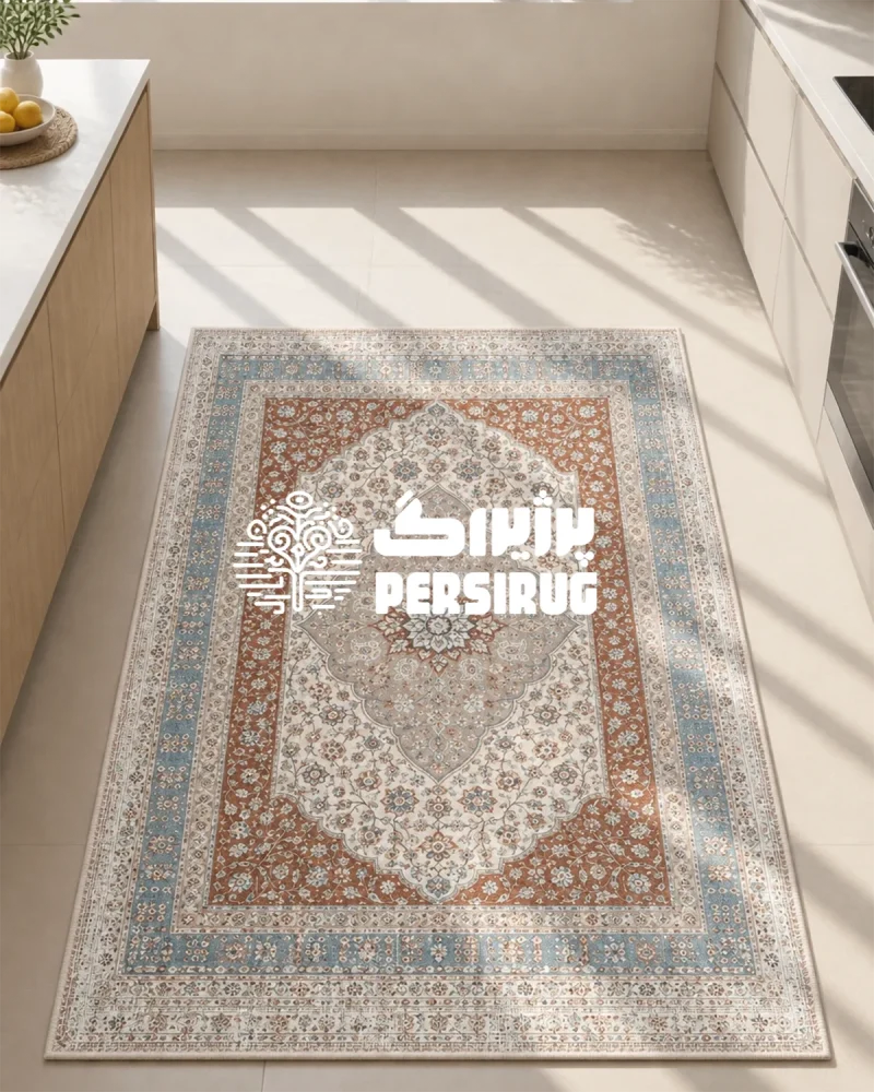 فرشینه سنتی طرح مهرگان با زمینه آجری و ترنج مرکزی اسلیمی