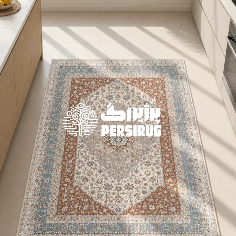 فرشینه سنتی طرح مهرگان با زمینه آجری و ترنج مرکزی اسلیمی