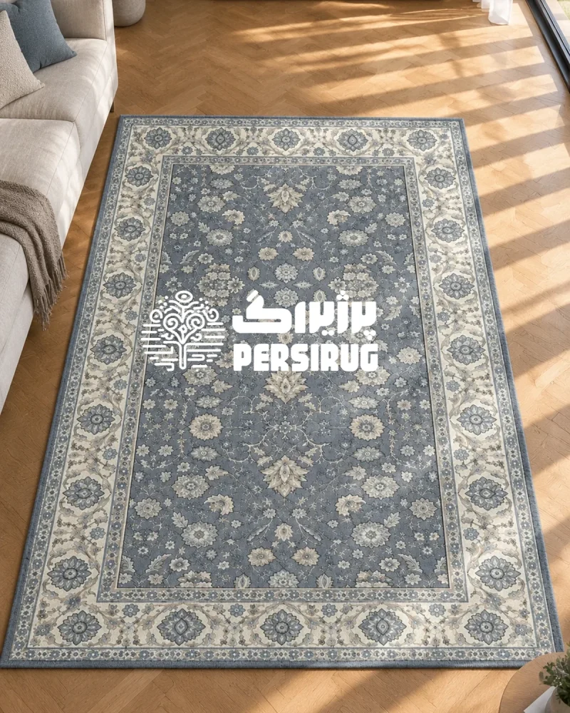 «فرشینه با طرح اسلیمی و زمینه سرمهای مدل لاله عباسی، مناسب برای دکوراسیون مدرن و کلاسیک.»