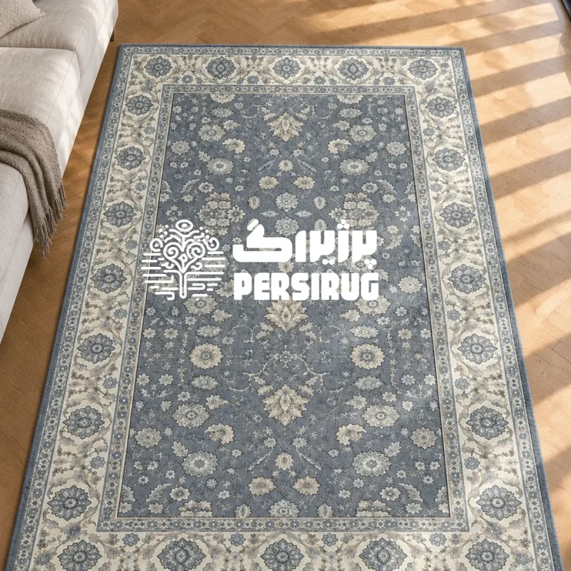 «فرشینه با طرح اسلیمی و زمینه سرمهای مدل لاله عباسی، مناسب برای دکوراسیون مدرن و کلاسیک.»