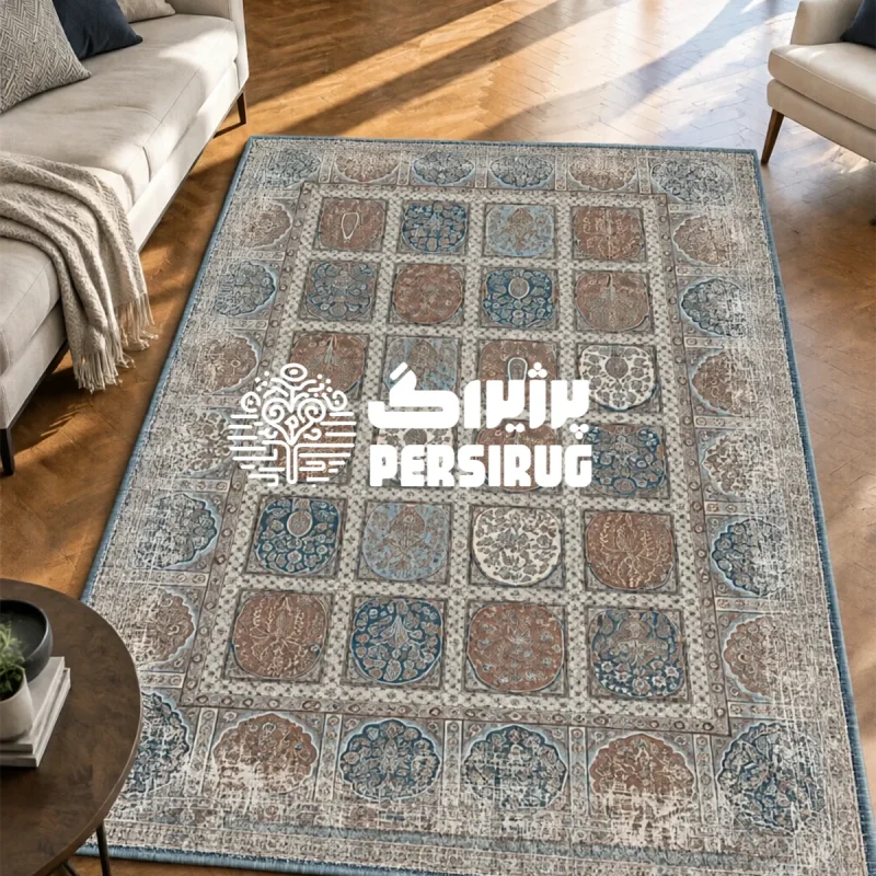 فرشینه طرح کاشینما با قاببندی خشتی و نقوش سنتی آبی و قهوهای
