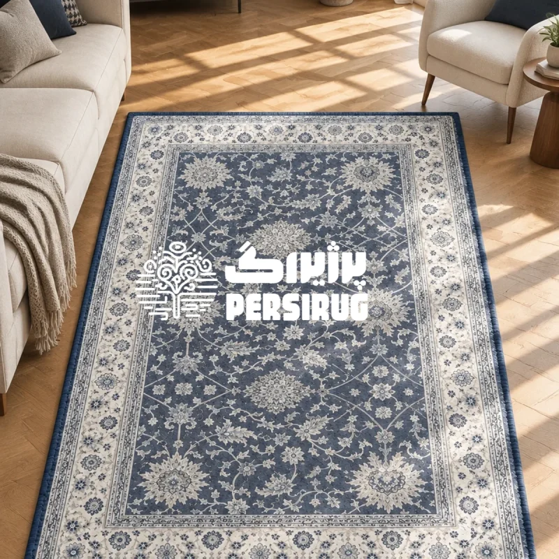 فرشینه طرح شاهعباسی با نقوش اسلیمی ظریف به رنگ کرم روی زمینه سورمهای، با طراحی کلاسیک و سنتی مناسب دکوراسیون پذیرایی و اتاق خواب