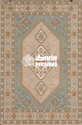 فرشینه نگین شب با لچک ترنج هندسی، کتیبه های سنتی حاشیه و پالت رنگی کرم، فیروزه ای مات و مسی