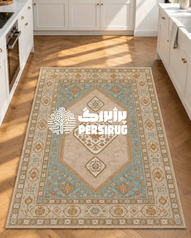 فرشینه نگین شب با لچک ترنج هندسی، کتیبه های سنتی حاشیه و پالت رنگی کرم، فیروزه ای مات و مسی