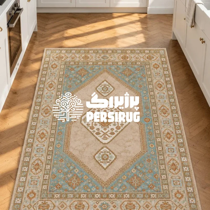 فرشینه نگین شب با لچک ترنج هندسی، کتیبه های سنتی حاشیه و پالت رنگی کرم، فیروزه ای مات و مسی