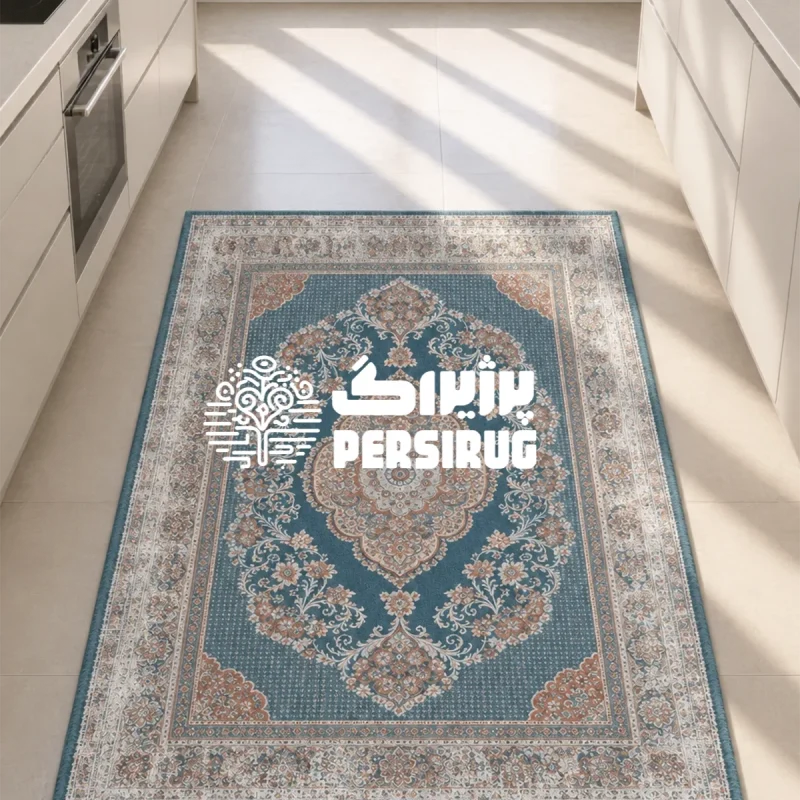 فرشینه طرح گلابتون با ترنج مرکزی و نقوش اسلیمی آبی و بژ