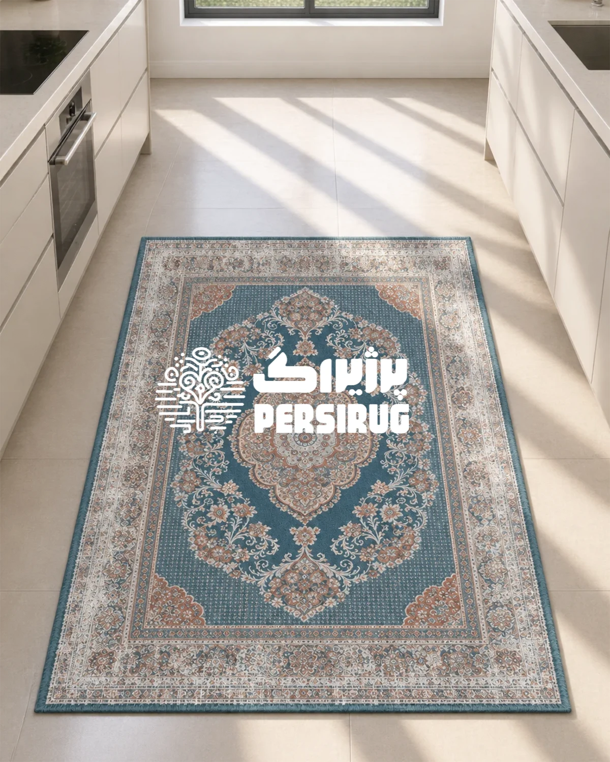 فرشینه طرح گلابتون با ترنج مرکزی و نقوش اسلیمی آبی و بژ