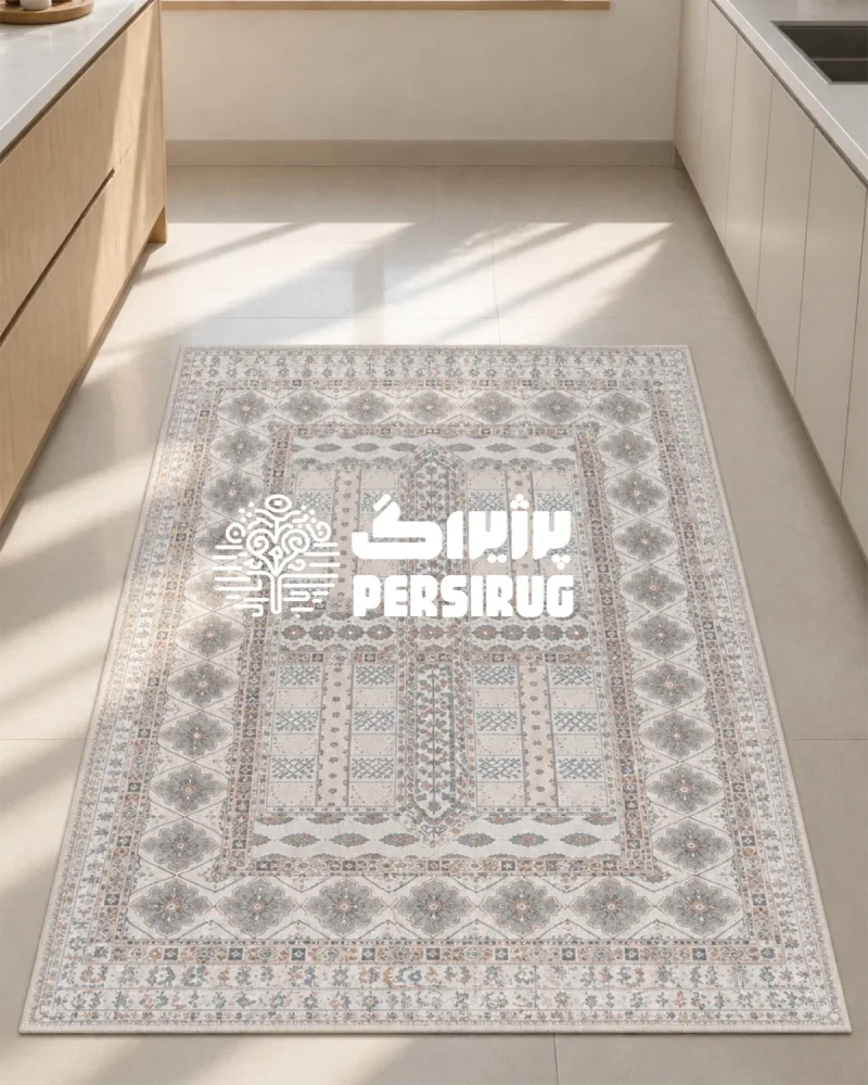 فرشینه سنتی و هندسی طرح چهارباغ با زمینه کرم و قابهای متقارن