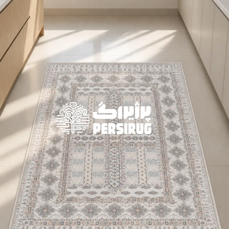 فرشینه سنتی و هندسی طرح چهارباغ با زمینه کرم و قابهای متقارن