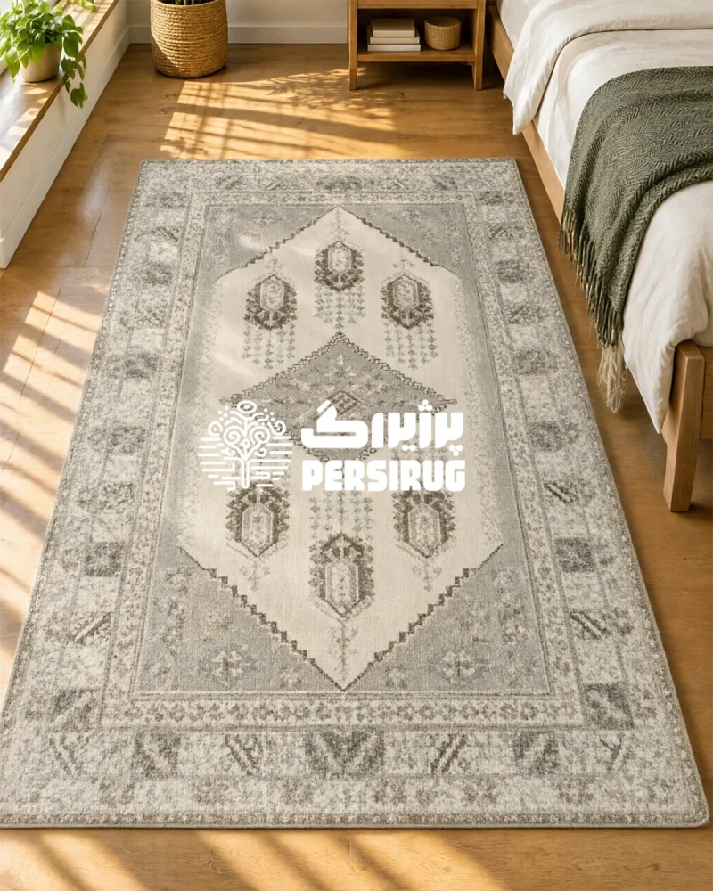 فرشینه مدرن هندسی با طرح سنتی و رنگهای خنثی مناسب دکوراسیون منزل