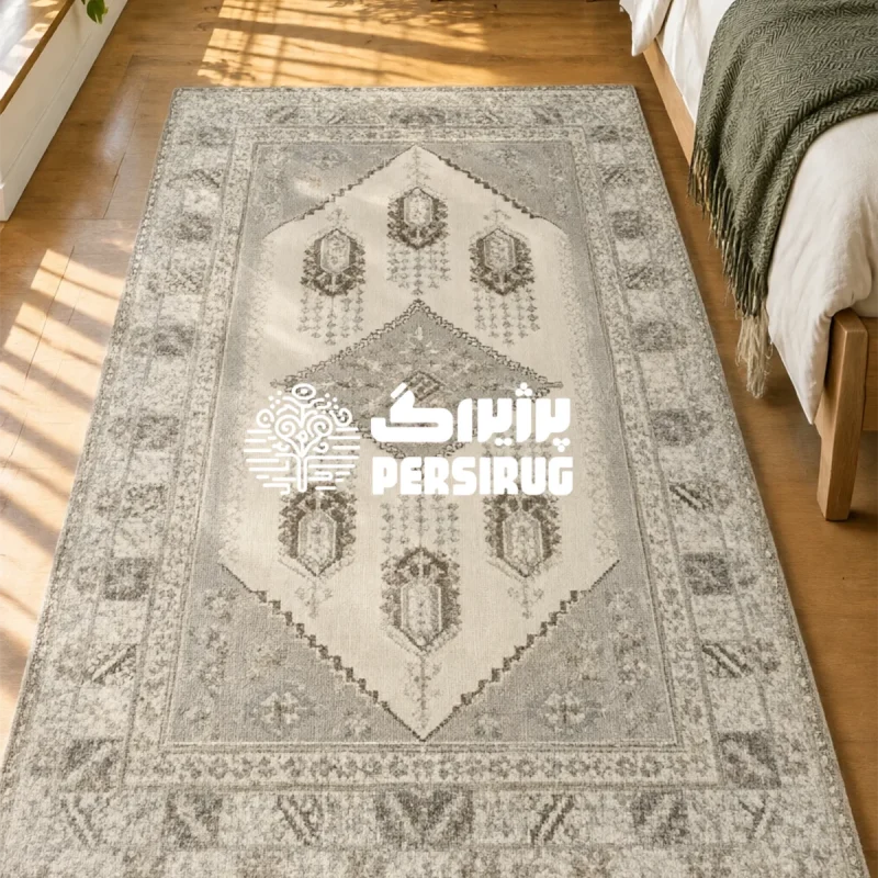 فرشینه مدرن هندسی با طرح سنتی و رنگهای خنثی مناسب دکوراسیون منزل