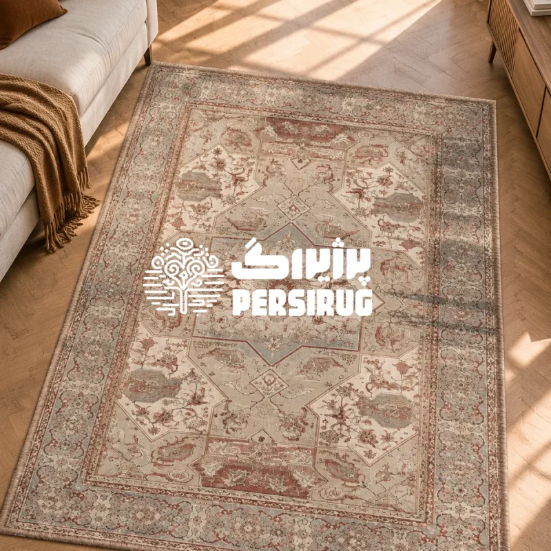 فرشینه طرح ملیحان با ترنج لوزی سنتی و نقوش اسلیمی به رنگهای کرم، خاکی، آبی طوسی و جزئیات ظریف