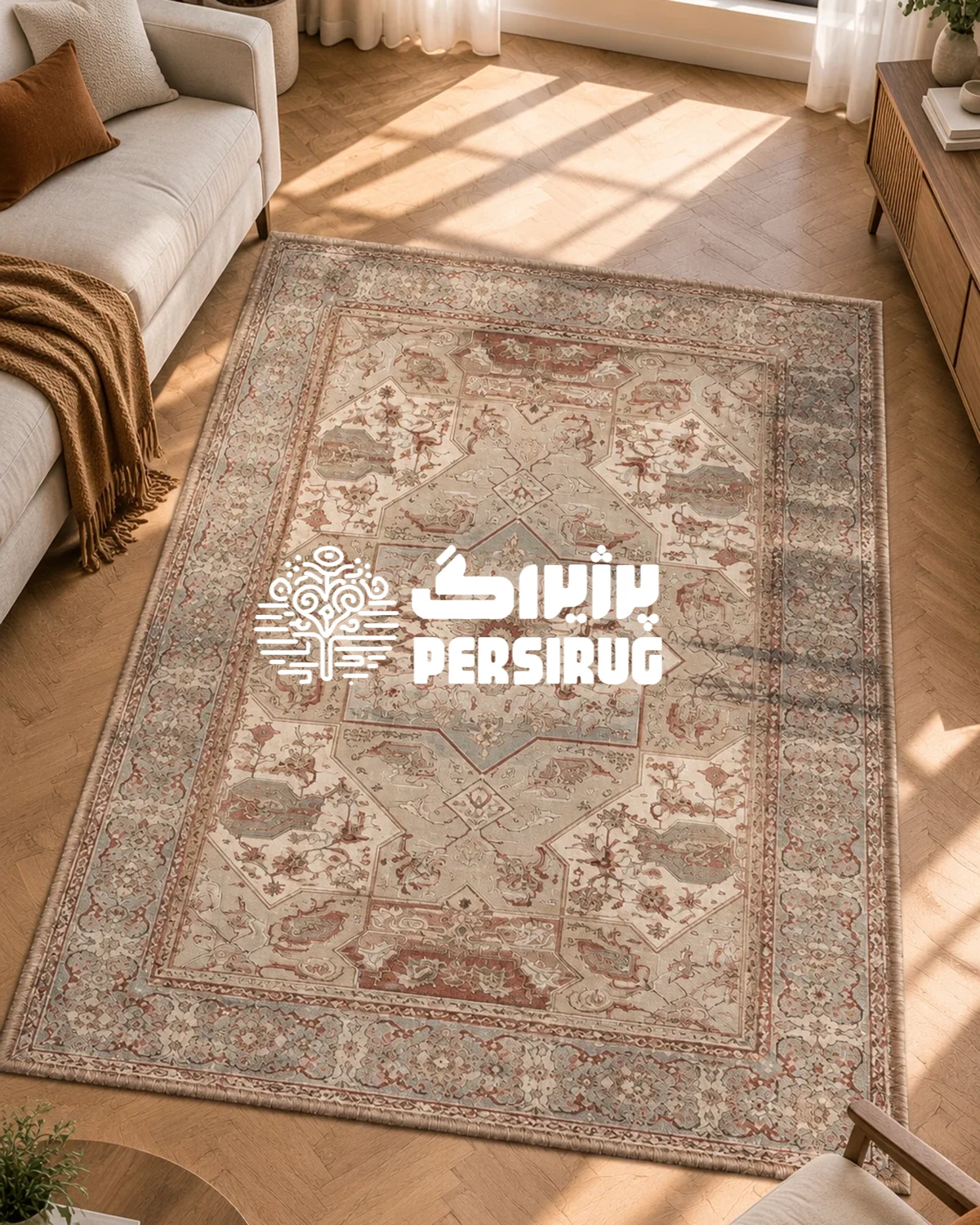 فرشینه طرح ملیحان با ترنج لوزی سنتی و نقوش اسلیمی به رنگهای کرم، خاکی، آبی طوسی و جزئیات ظریف
