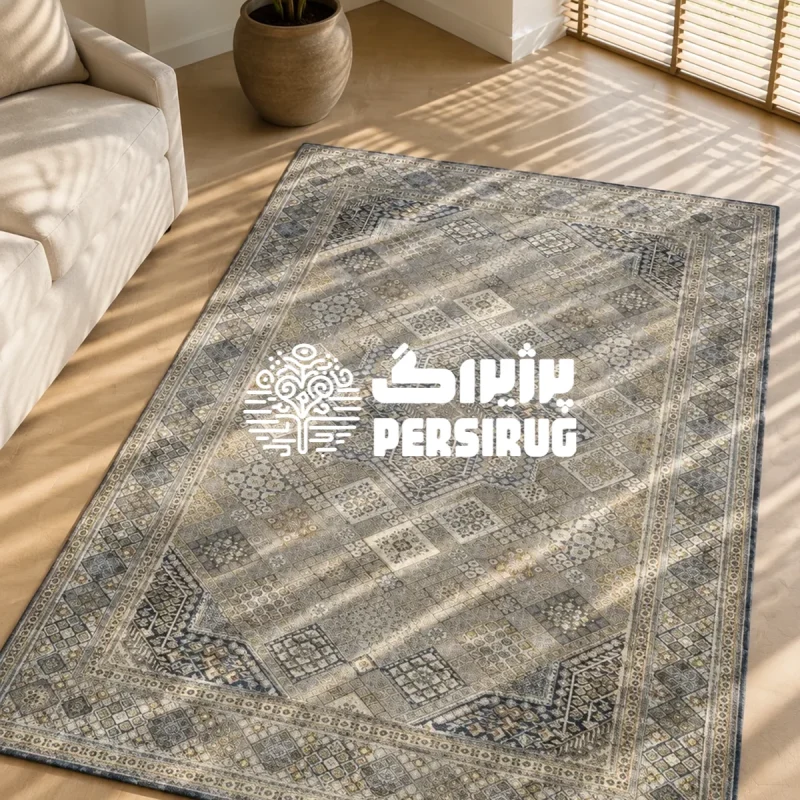 فرشینه طرح دیبا با نقش‌مایه مرکزی هندسی متقارن و پالت رنگی شیک آبی نیلی، طوسی و رگه‌های طلایی.