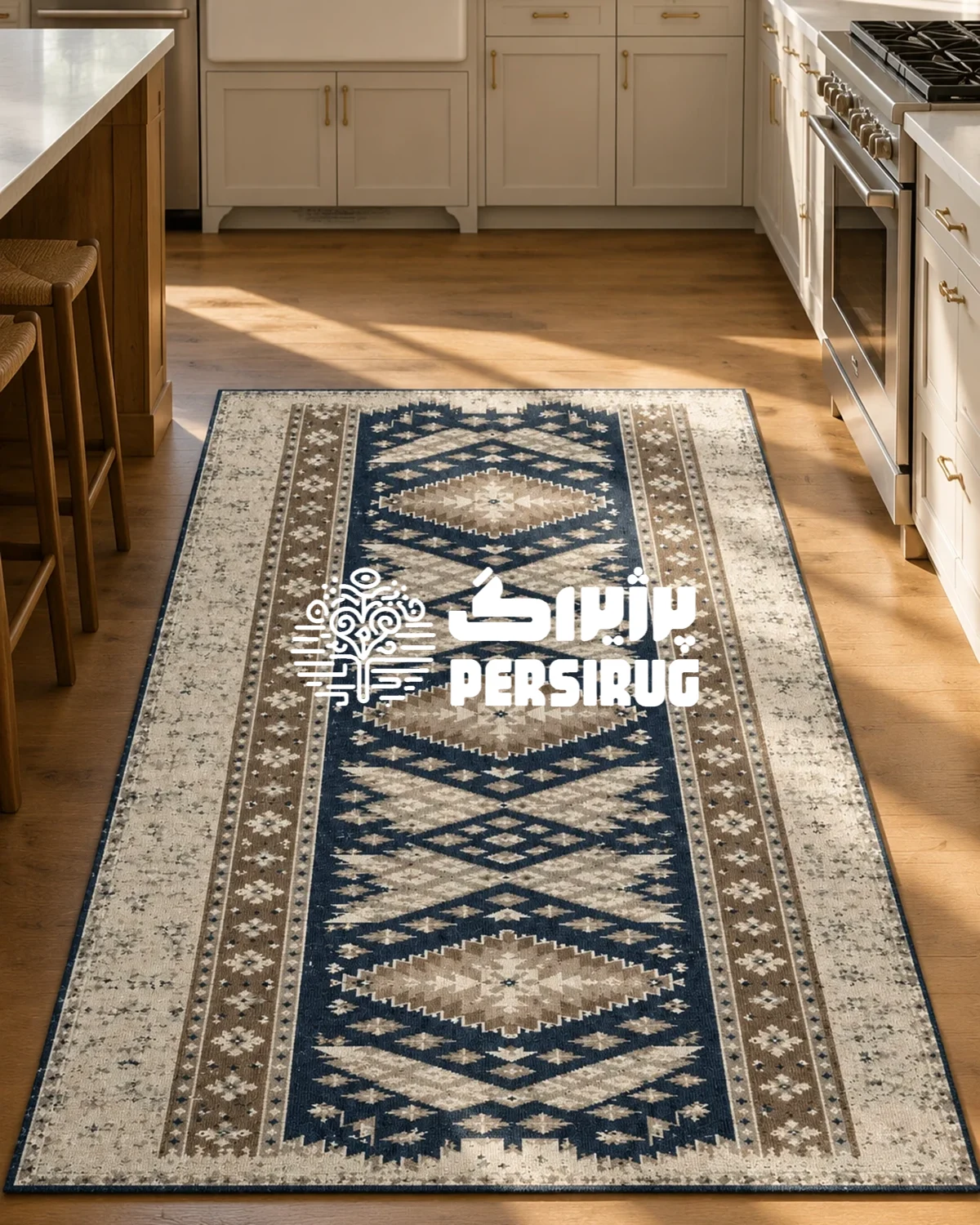 فرشینه لاجرود ترکیبی چشمنواز از اصالت نقوش گلیمی و مدرنیته، مناسب برای گرما بخشیدن به دکوراسیون اتاق خواب و نشیمن.